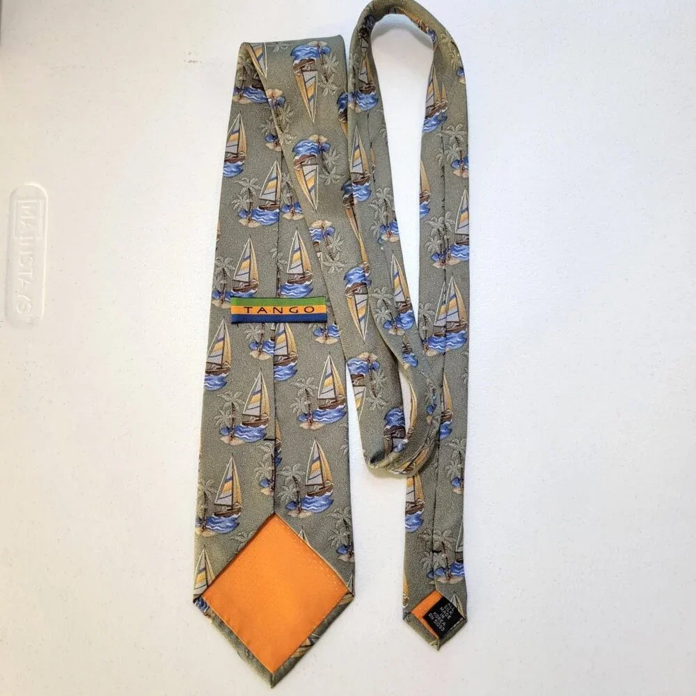 Tango Mens Coastal Silk Tie Sailboat Palm Tree Nautical Neutral Beach‎ Long